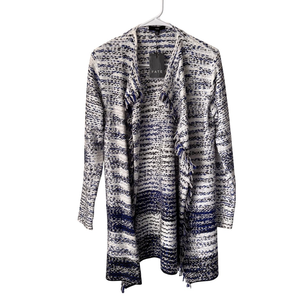 Fate Womens XSP Blue White Striped Fringe Open Draped Knit Cardigan Sweater